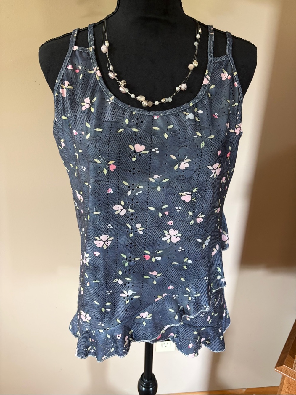 Floral Navy Ruffle-Trim Double-Strap Camisole